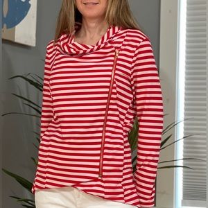 MAIN STRIP Red & White Striped Zip Sweater Jacket asymmetrical top Size Small
